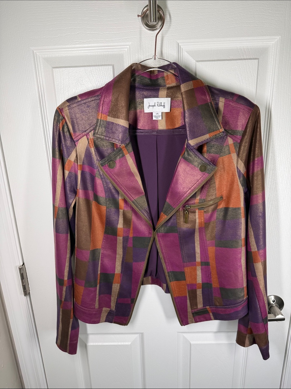 Joseph Ribkoff faux leather colorful moto style jacket size large